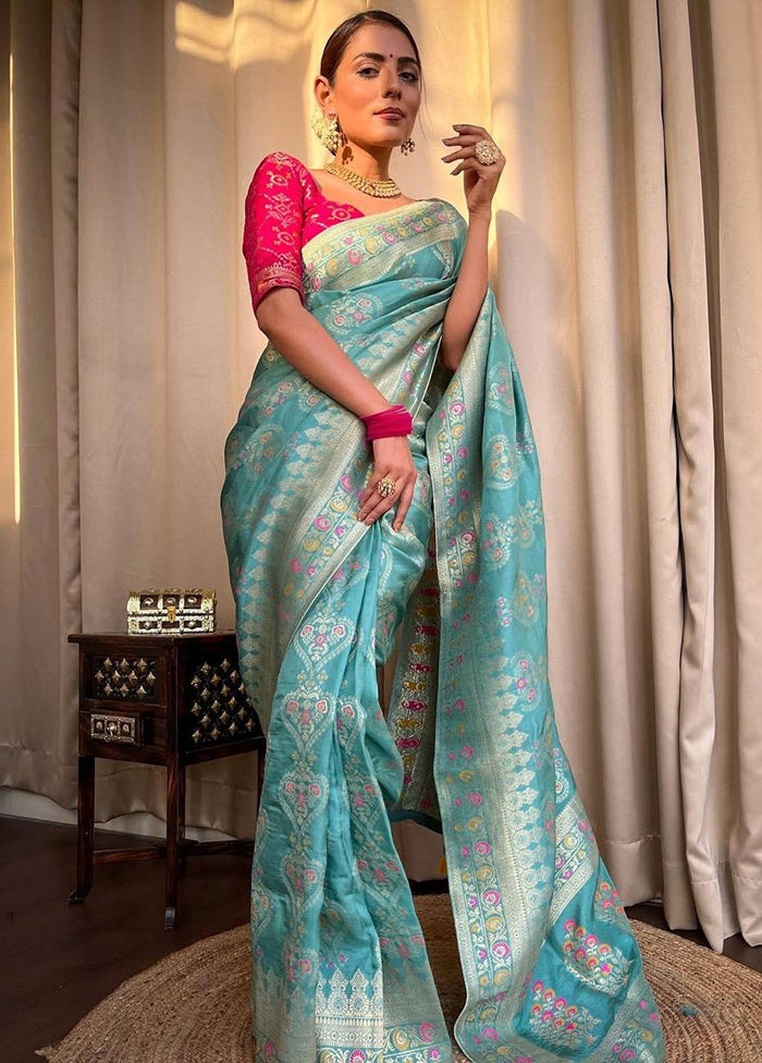 Blue Banarasi Silk Saree With Blouse Piece Free Shipping Order