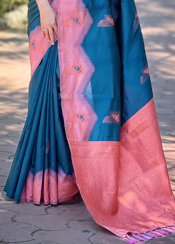 Blue Banarasi Silk Saree With Blouse Piece Discount Pay With Paypal