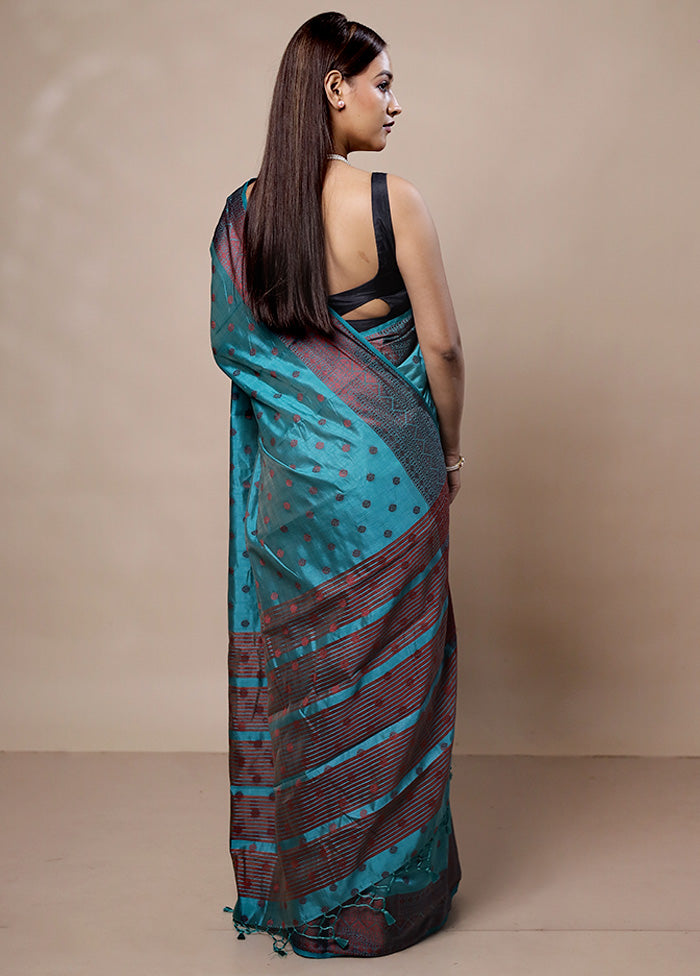 Blue Dupion Silk Saree With Blouse Piece Free Shipping Big Sale