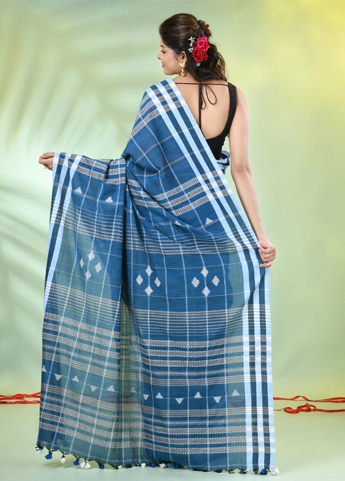 Blue Cotton Saree With Blouse Piece Sale Low Pice Fee Shipping