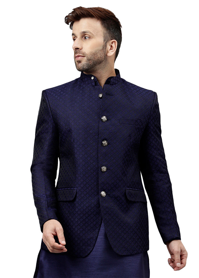 Navy Blue Viscose Jacquard Blazer Discount Collections