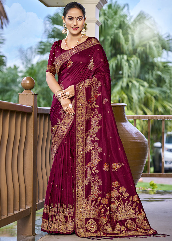 Magenta Dupion Silk Saree With Blouse Piece Cheap Sale 100% Guaranteed