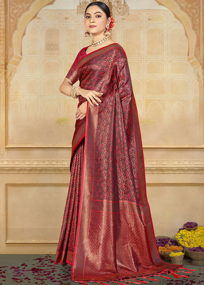 Red Spun Silk Saree With Blouse Piece Cheap Sale Fashionable