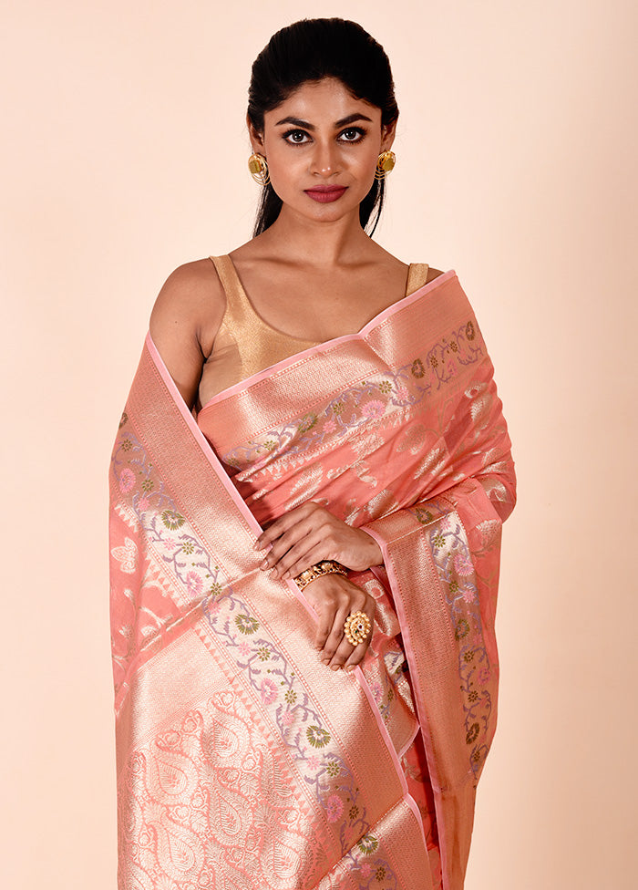 Peach Kota Cotton Saree With Blouse Piece Cheap Sale Buy