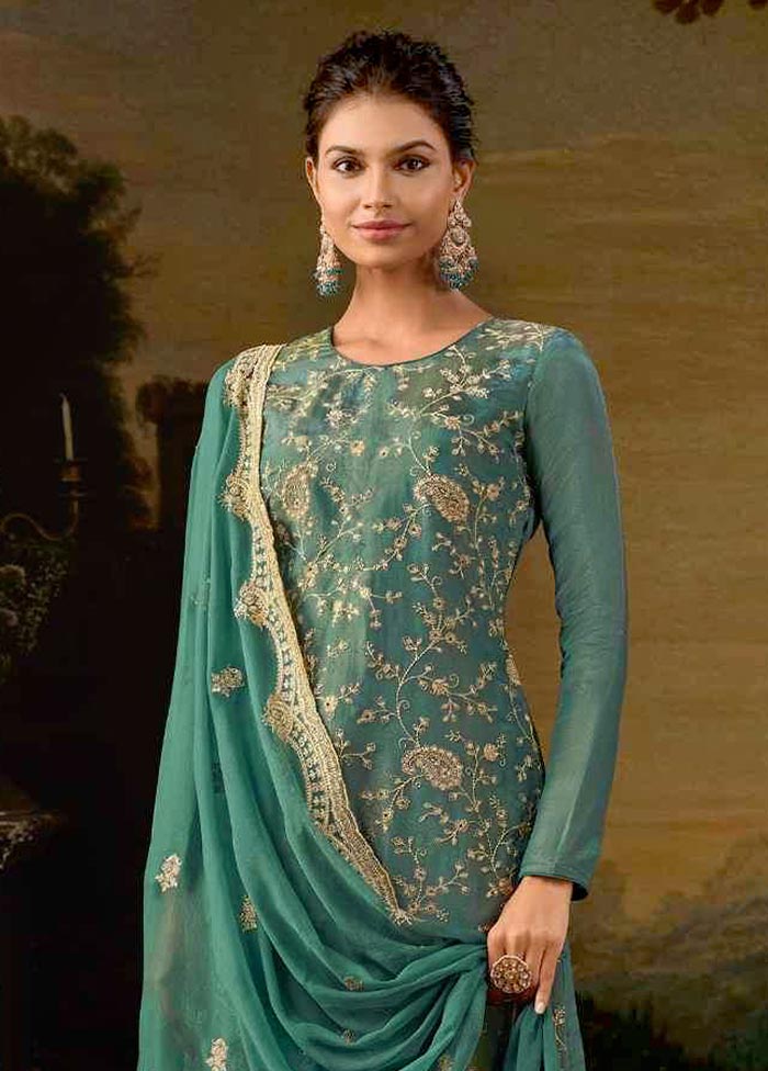 3 Pc Blue Semi Stitched Silk Suit Set Outlet 100% Original