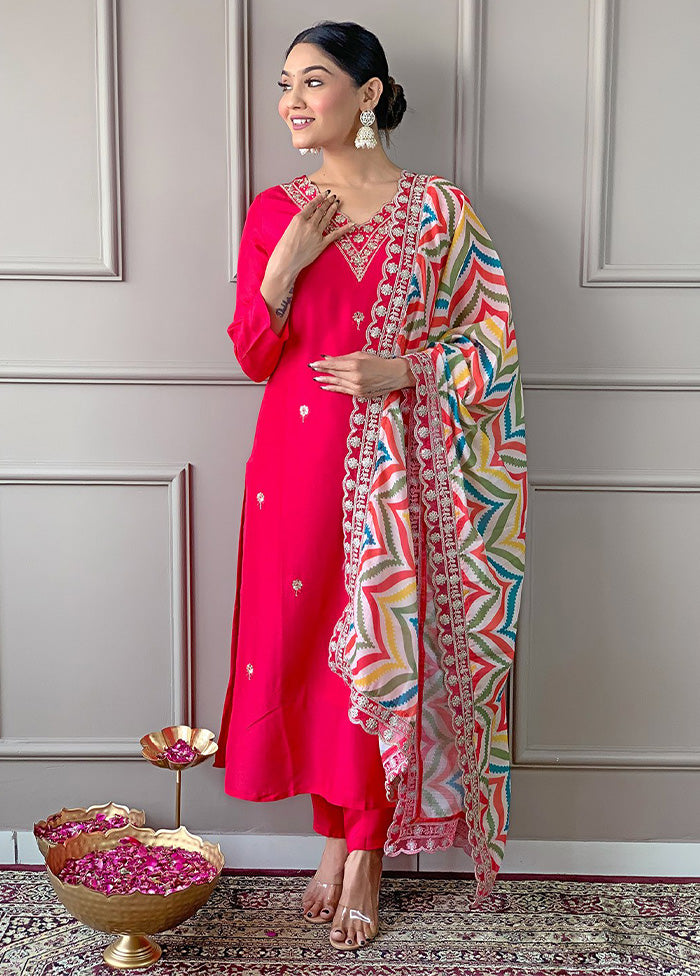 3 Pc Pink Readymade Viscose Dupatta Suit Set Clearance Largest Supplier