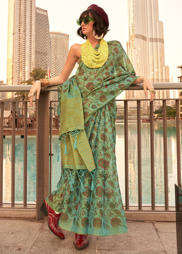 Light Green Spun Silk Saree With Blouse Piece Cheap Sale Store