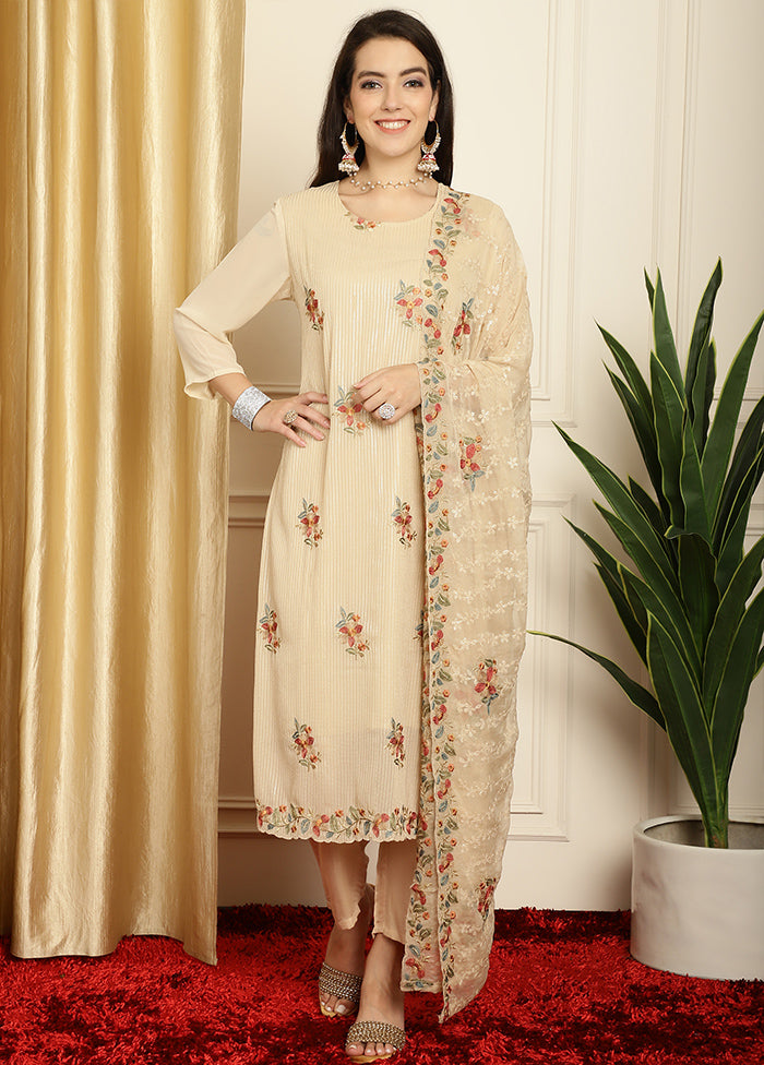 3 Pc Beige Unstitched Georgette Suit Set Cheap Sale Free Shipping