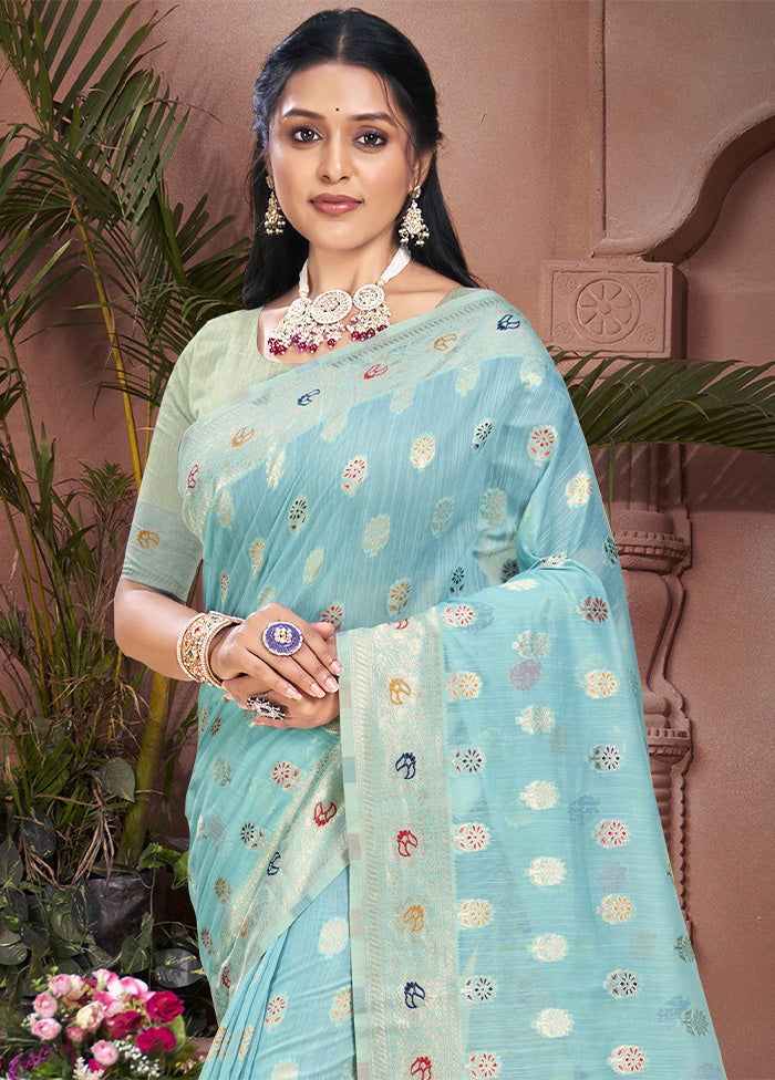 Sky Blue Cotton Saree With Blouse Piece Free Shipping Geniue Stockist