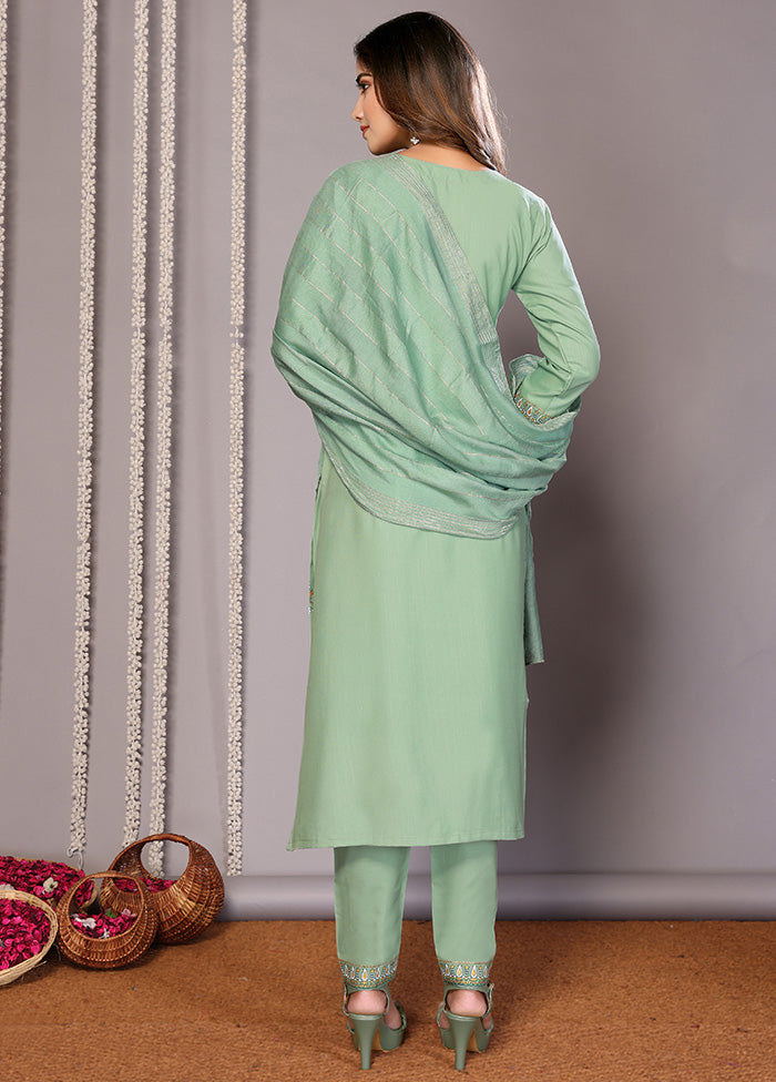 3 Pc Green Readymade Cotton Suit Set Cheap New Arrival