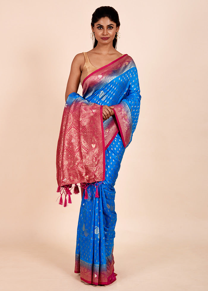 Blue Dupion Silk Saree With Blouse Piece Cheap Sale Many Kinds Of