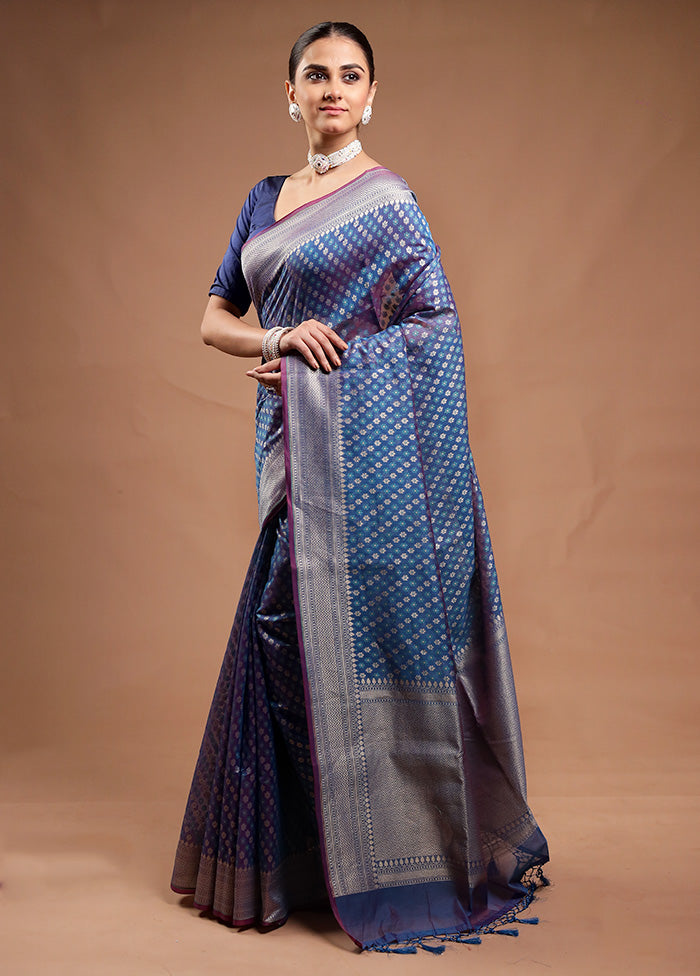 Blue Kora Silk Saree With Blouse Piece Outlet Cheap Pices