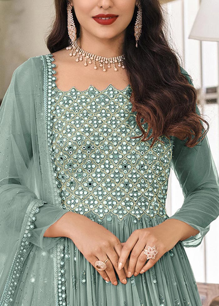 3 Pc Sea Green Semi Stitched Georgette Suit Set Authentic For Sale