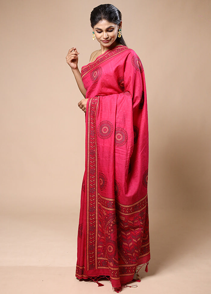 Pink Dupion Silk Saree With Blouse Piece Very Cheap Pice