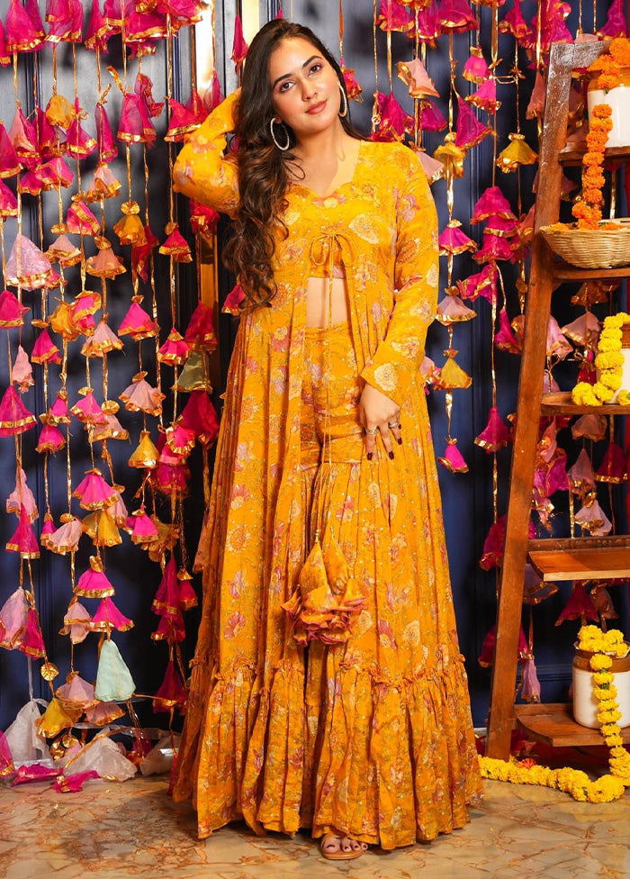 3 Pc Yellow Readymade Silk Shrug Suit Set Best Sale Online