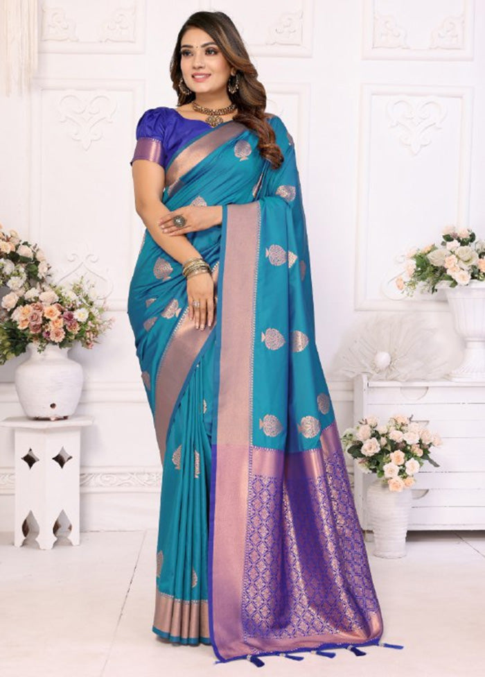 Teal Blue Spun Silk Saree With Blouse Piece Wiki For Sale