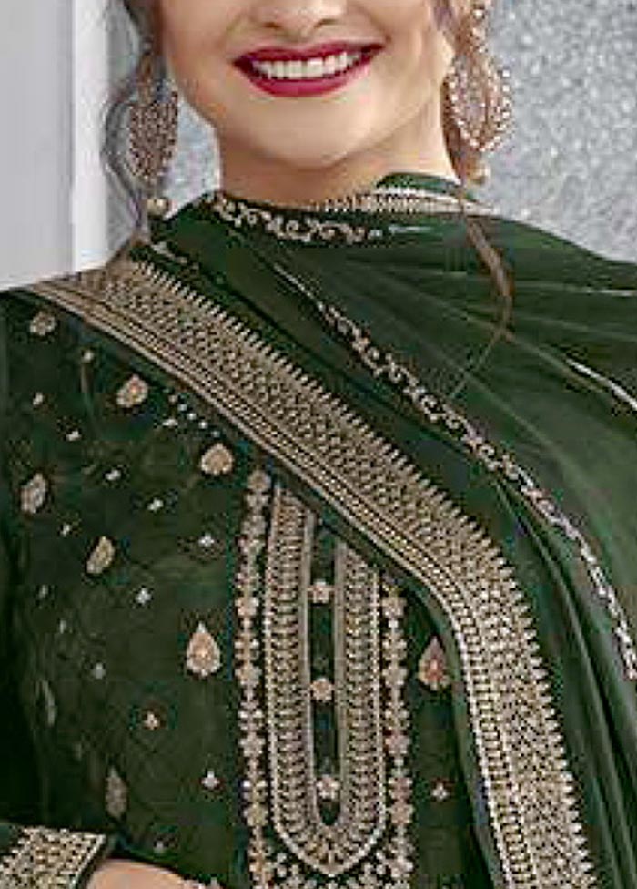 3 Pc Mehendi Green Semi Stitched Silk Suit Set Excellent Online