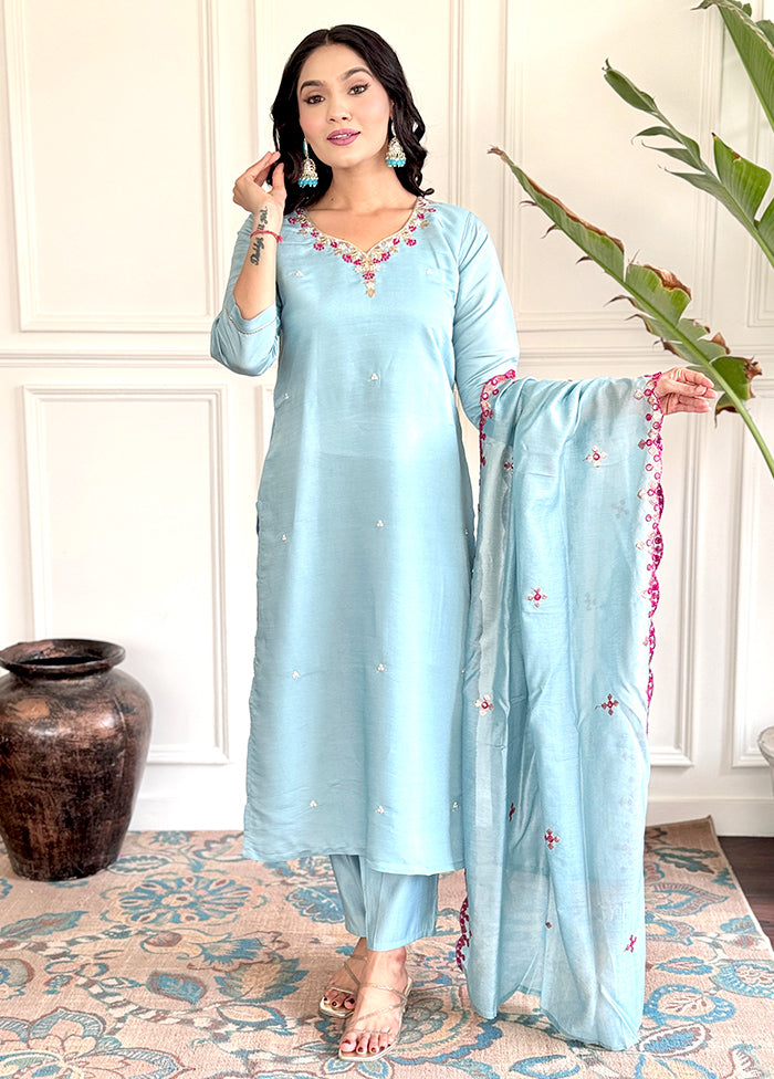 3 Pc Sky Blue Readymade Chanderi Suit Set Sale Lowest Pice