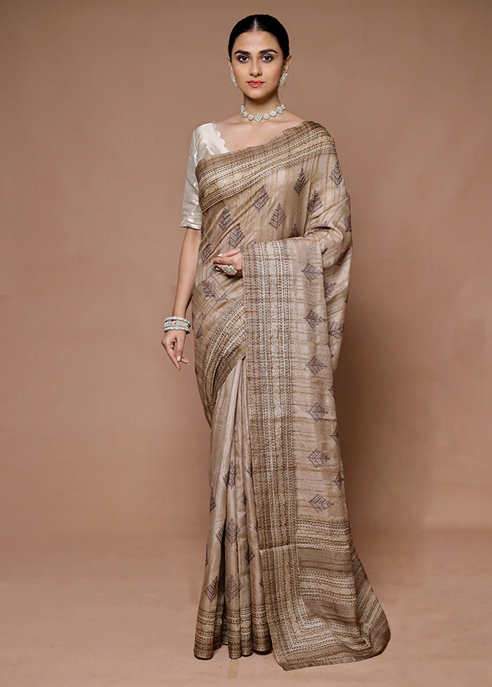 Cream Tussar Silk Saree With Blouse Piece Buy Cheap Recommend