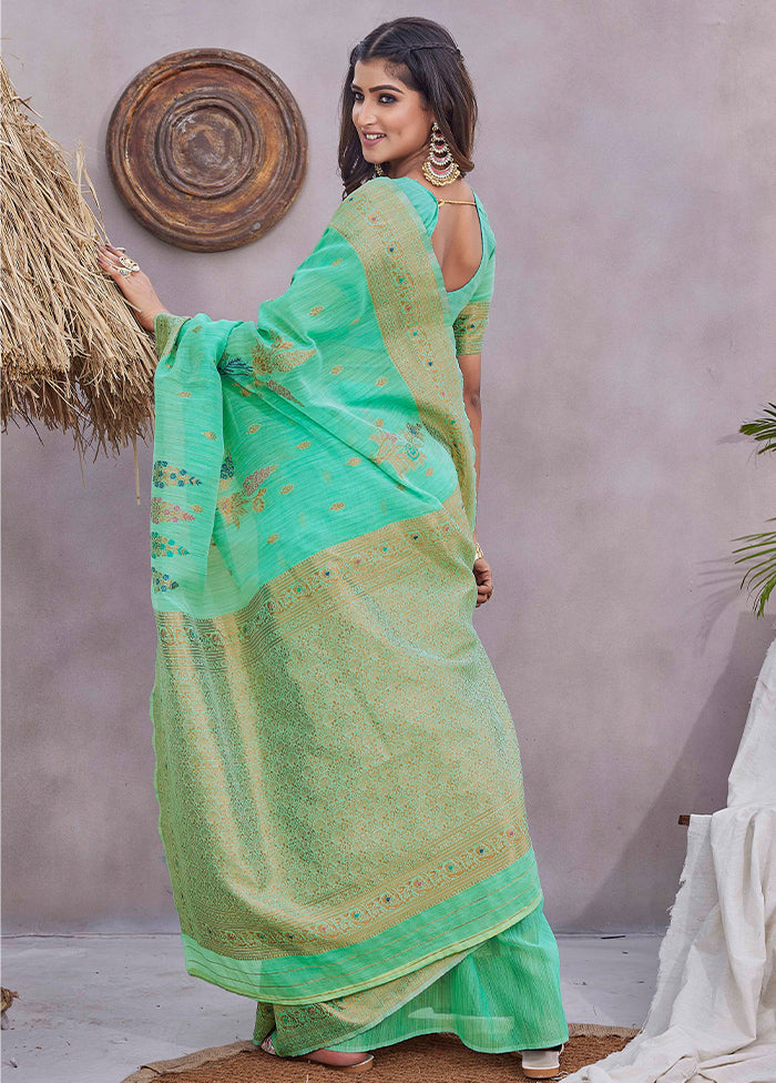 Sea Green Linen Silk Saree With Blouse Piece Cheap Pice Wholesale