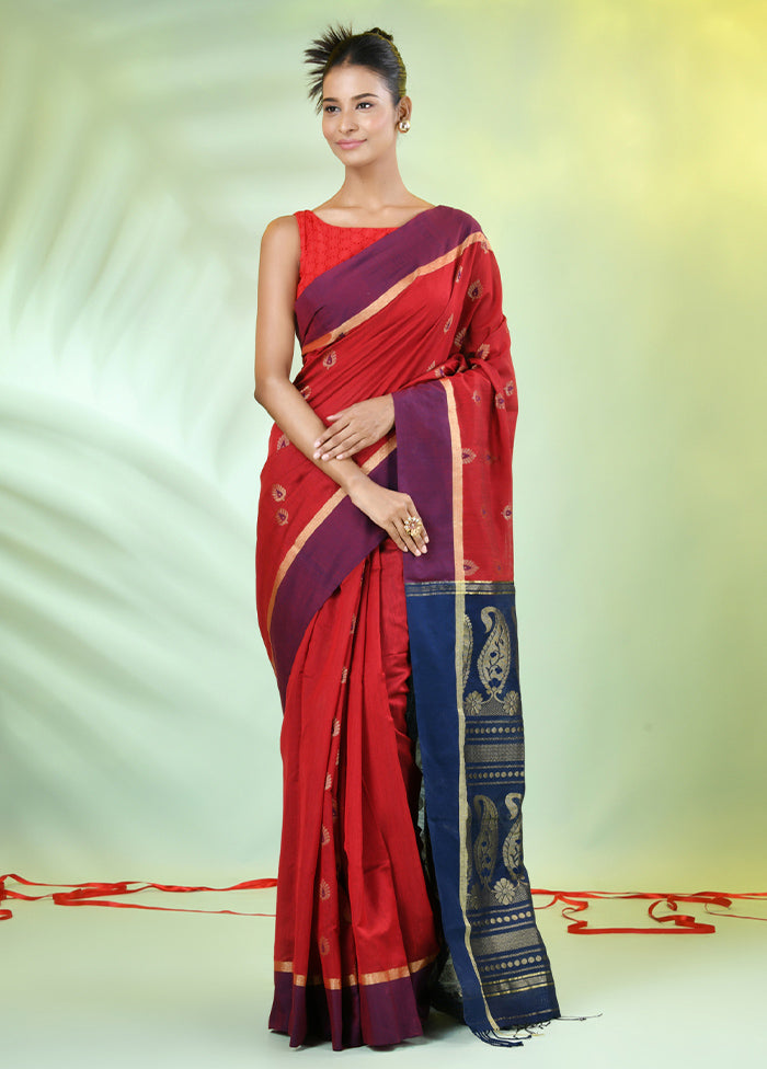 Red Pure Cotton Saree With Blouse Piece Clearance Very Cheap