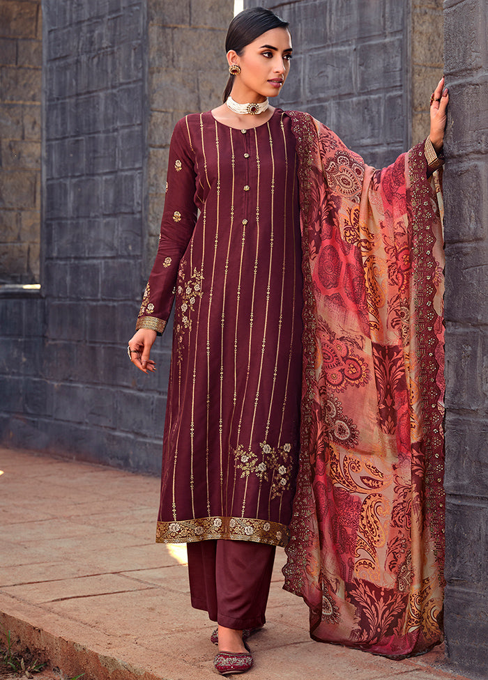 3 Pc Maroon Unstitched Silk Suit Set Inexpensive