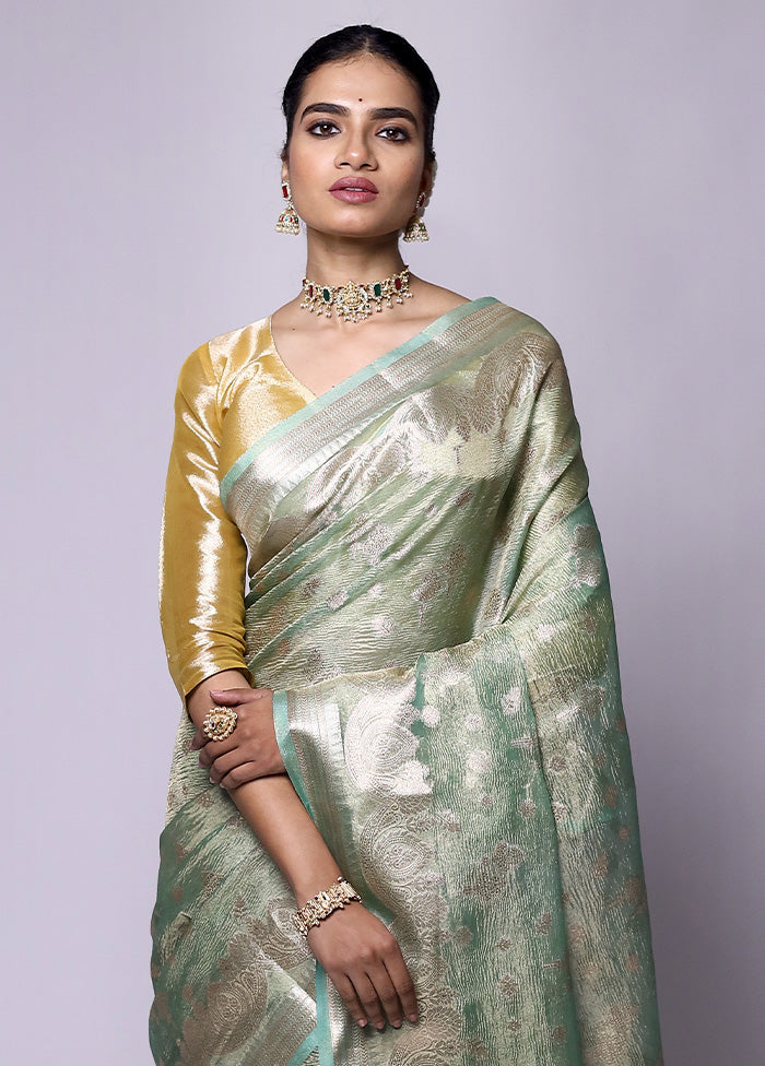 Green Crushed Tissue Silk Saree With Blouse Piece Wholesale Pice