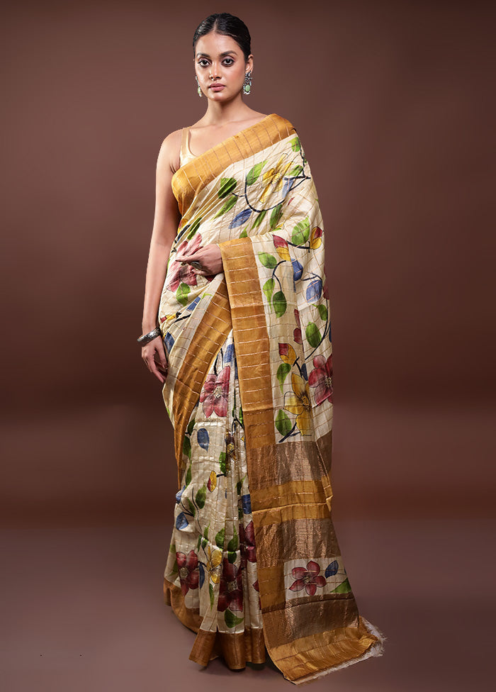 Cream Handloom Tussar Pure Silk Saree With Blouse Piece Buy Sale Online