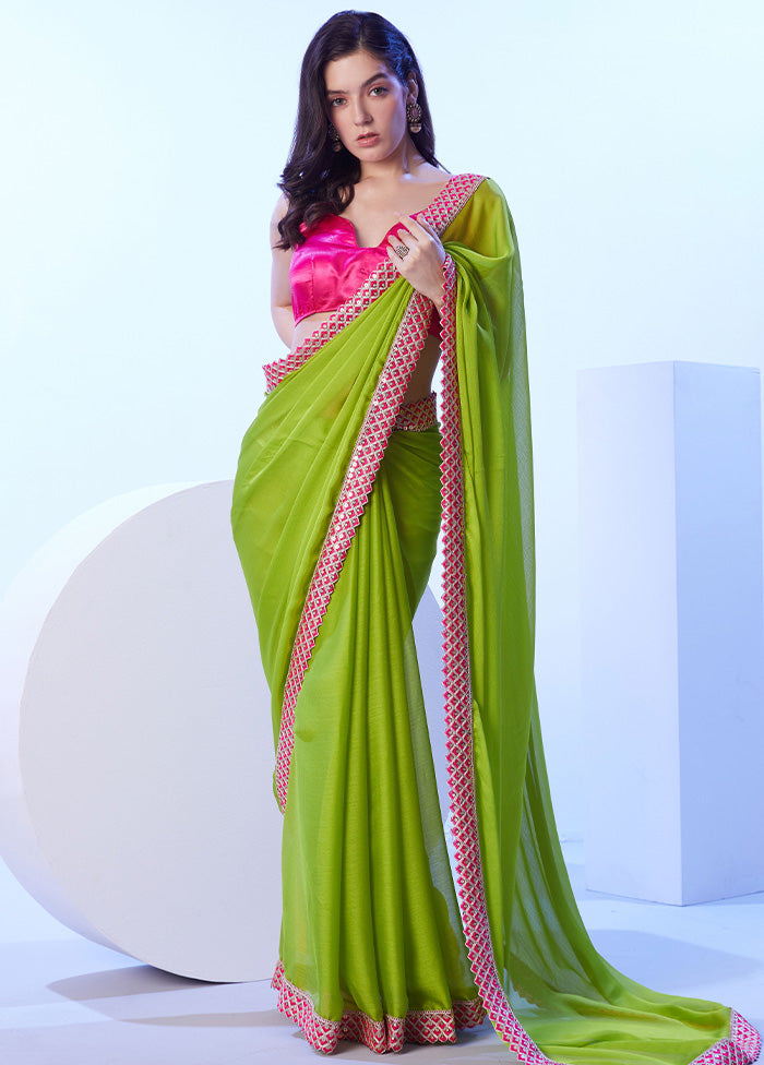 Green Spun Silk Saree With Blouse Piece Release Dates Cheap Online