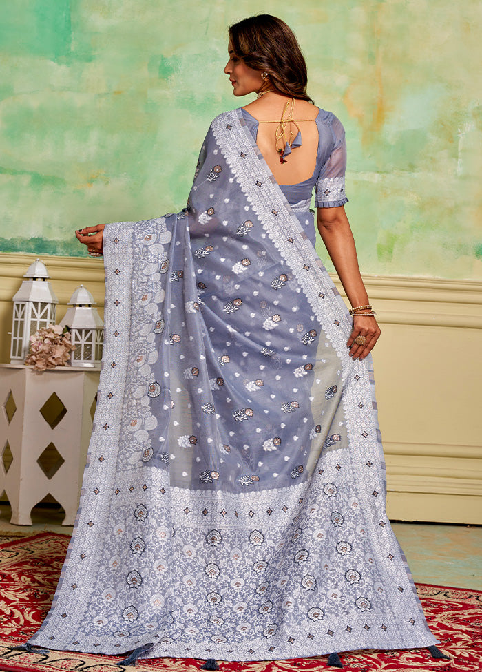 Grey Cotton Saree With Blouse Piece Cheap Sale Reliable