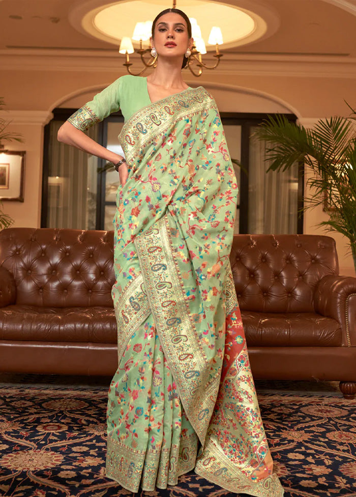 Pista Green Banarasi Silk Saree With Blouse Piece Outlet Popular