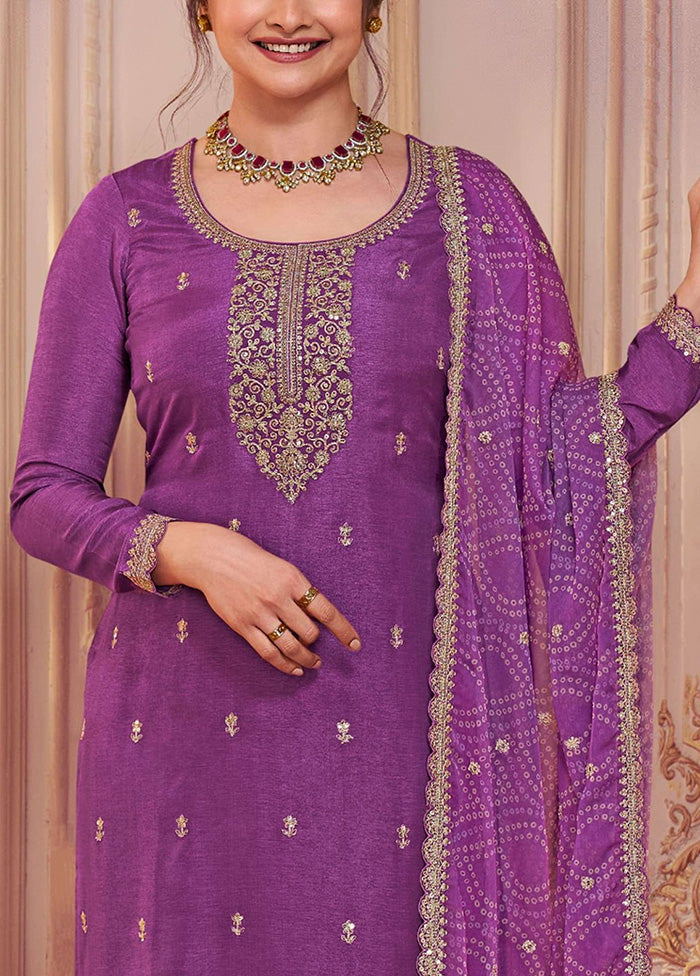 3 Pc Purple Semi Stitched Georgette Suit Set Cheap Sale Now