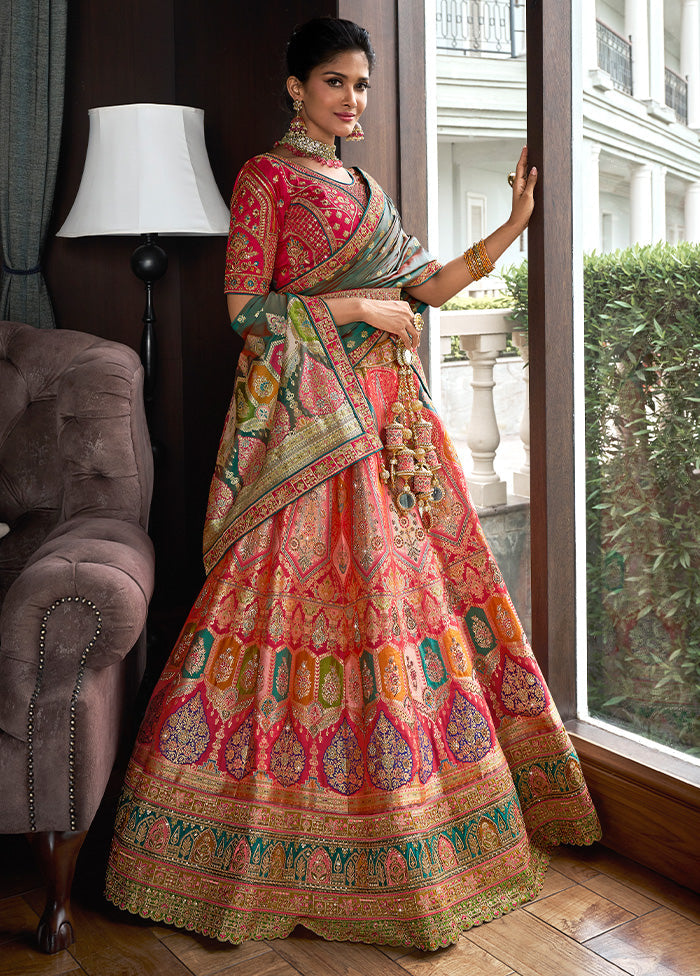 3 Pc Multicolor Silk Semi Stitched Lehenga Set Discount Big Sale