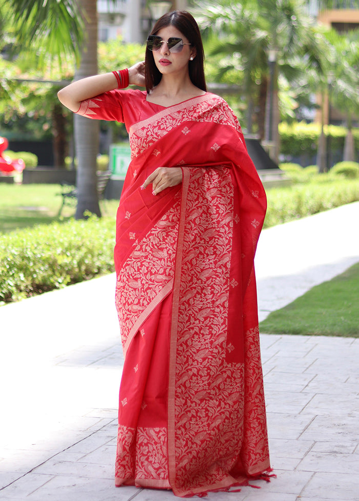 Red Spun Silk Saree With Blouse Piece Visit