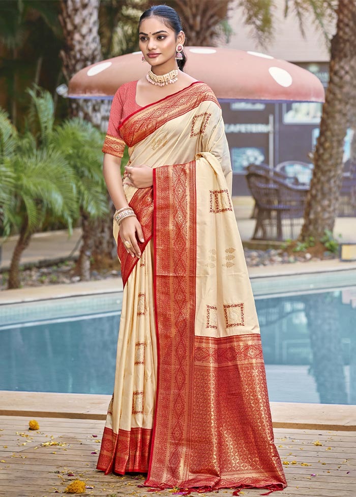 Cream Dupion Silk Saree With Blouse Piece Clearance Outlet