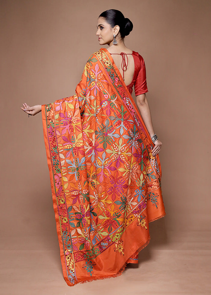 Orange Kantha Stitch Silk Saree With Blouse Piece Finishline Cheap Online