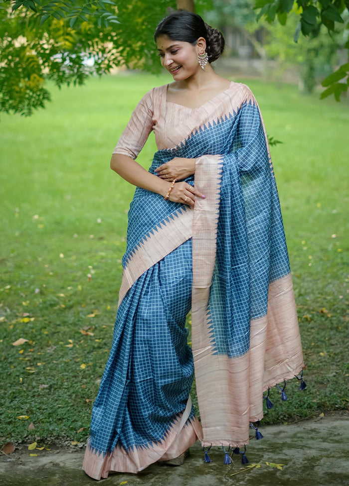 Blue Tussar Silk Saree With Blouse Piece Clearance 2025