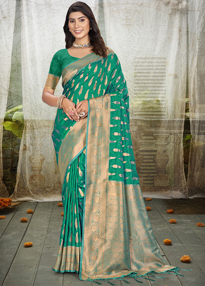 Rama Green Spun Silk Saree With Blouse Piece Discount Free Shipping