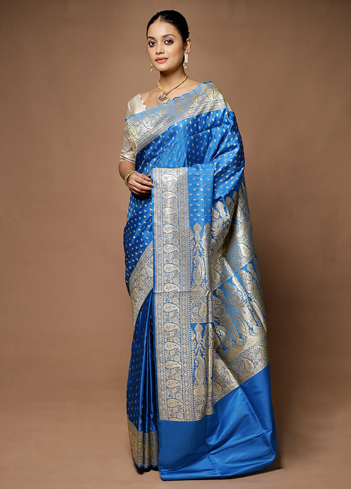 Blue Handloom Banarasi Pure Silk Saree With Blouse Piece Cheap Pirce