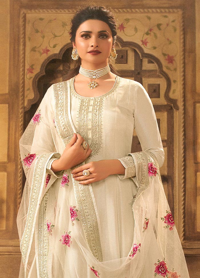 3 Pc Cream Semi Stitched Silk Suit Set Discount The Cheapest