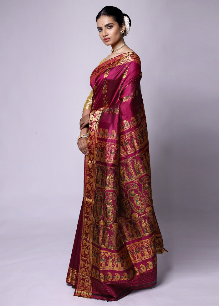 Maroon Handloom Baluchari Pure Silk Saree With Blouse Piece Online Online Clearance