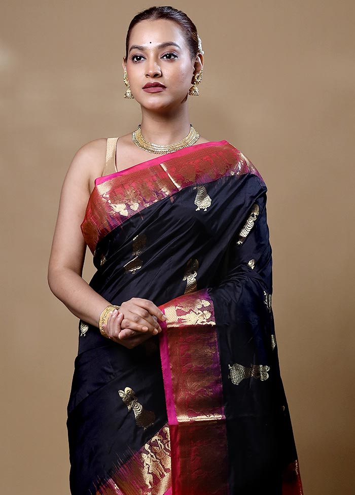 Black Handloom Kanjivaram Pure Silk Saree With Blouse Piece Choice