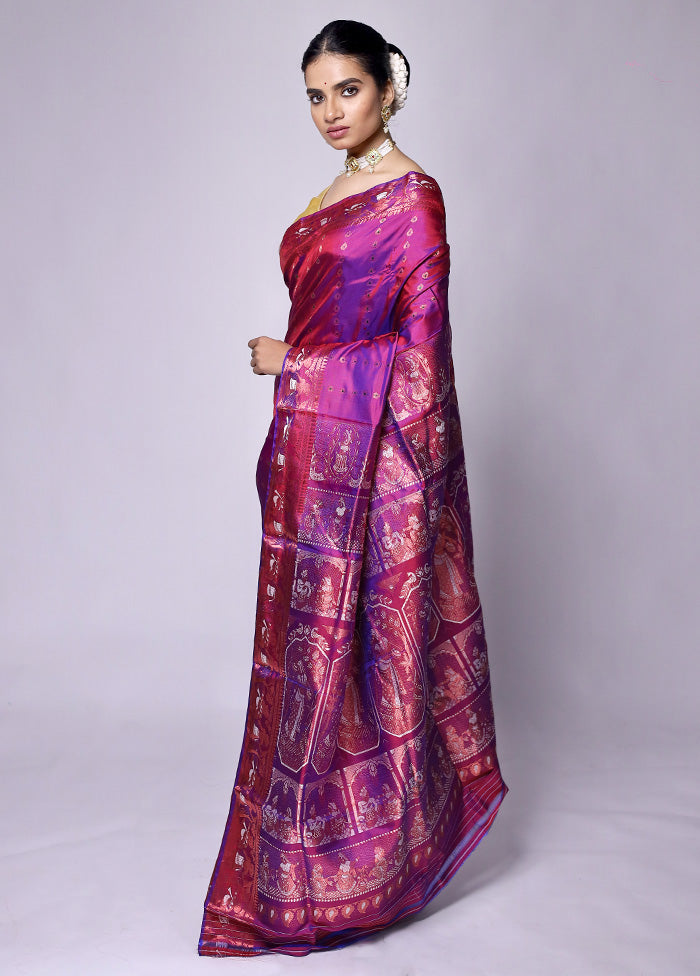 Purple Handloom Baluchari Pure Silk Saree With Blouse Piece Fashionable Online