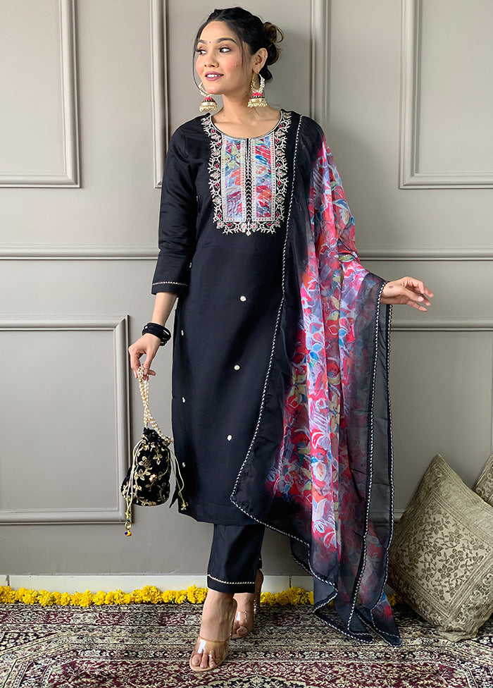 3 Pc Black Readymade Rayon Dupatta Suit Set For Cheap