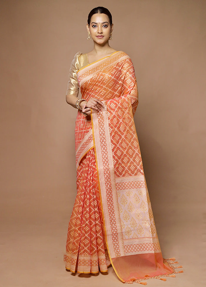 Orange Kora Silk Saree With Blouse Piece Cheap Sale From China