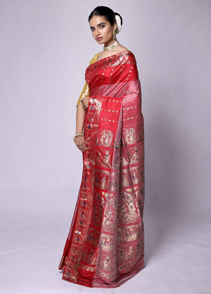 Red Handloom Baluchari Pure Silk Saree With Blouse Piece Outlet Store For Sale