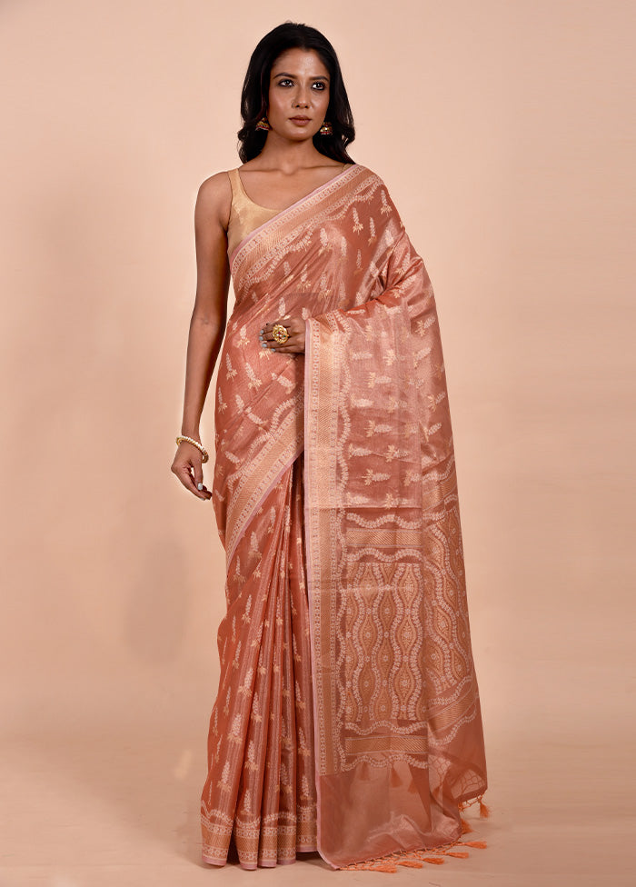 Peach Tissue Silk Saree With Blouse Piece Outlet Collections