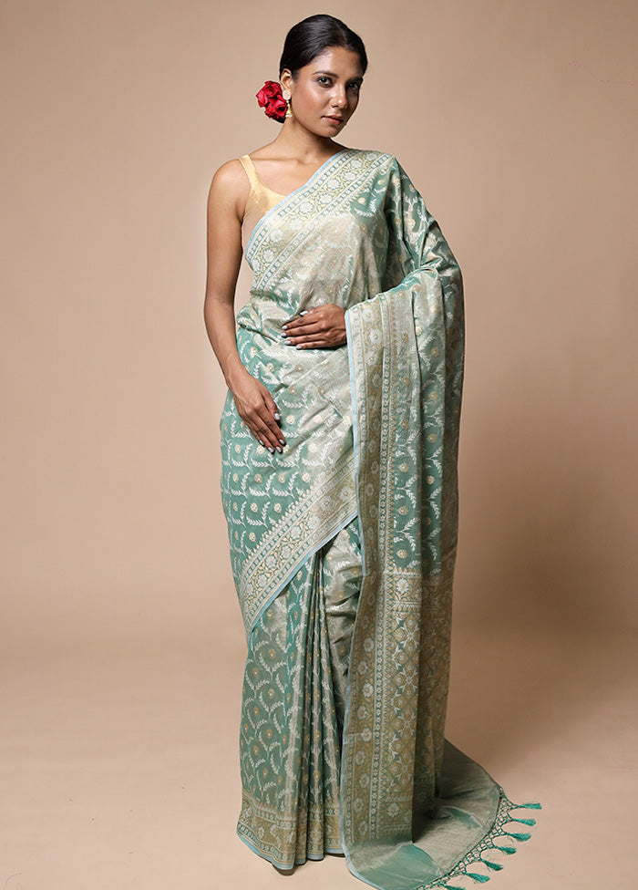 Green Tissue Silk Saree With Blouse Piece With Credit Card For Sale