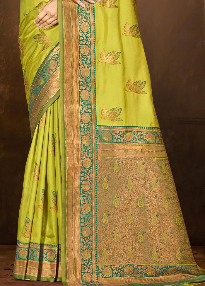 Parrot Green Dupion Silk Saree With Blouse Piece Explore Online