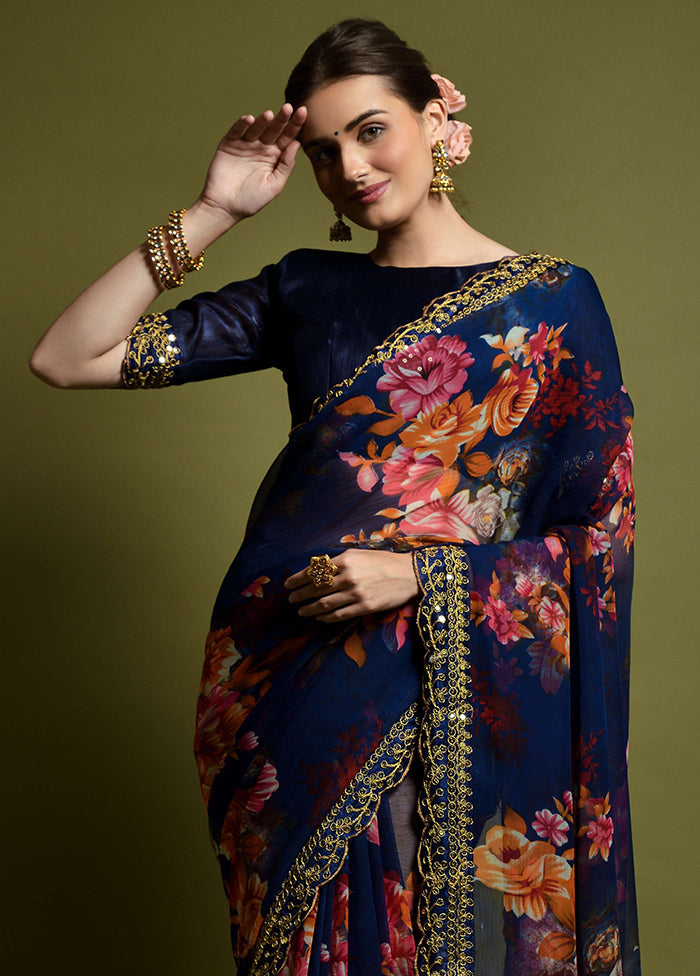 Navy Blue Chiffon Silk Saree With Blouse Piece Wiki Sale Online